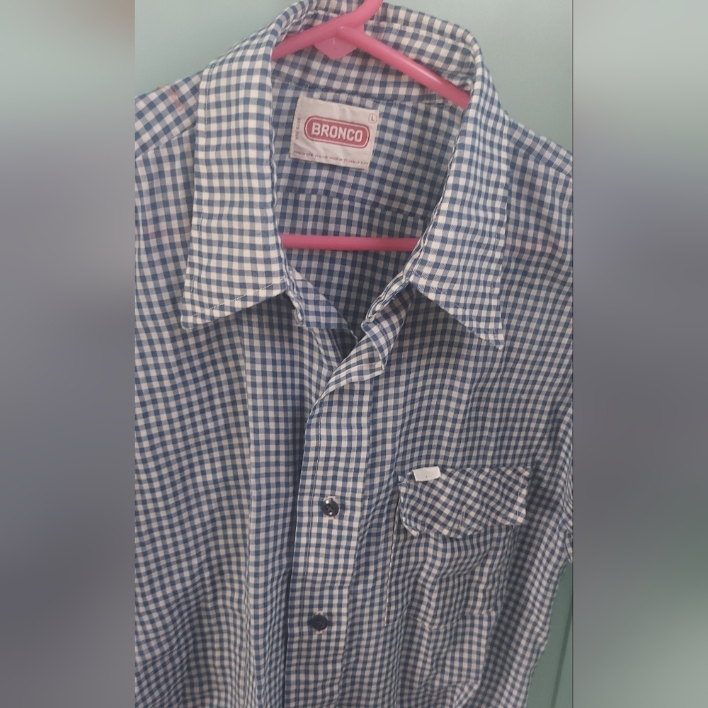 ! Vintage 70s Bronco Western blue/ white check shirt, large